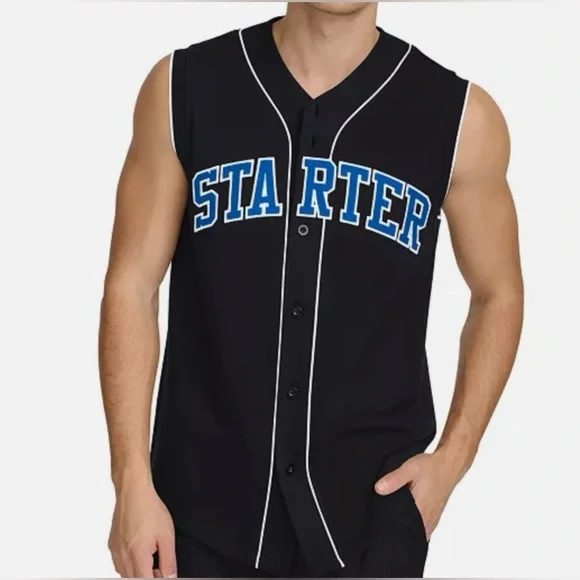 Starter Men's Logo Embroidered Sleeveless Button-Down Baseball Jersey Black- NWT - Picture 2 of 5
